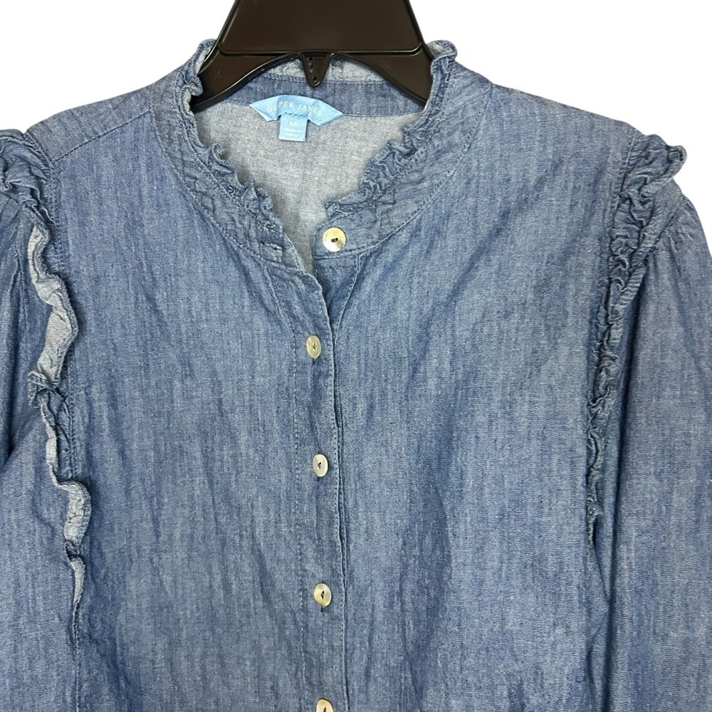 Draper James Blue Button Down Shirt with Ruffles size medium - Picture 10 of 11